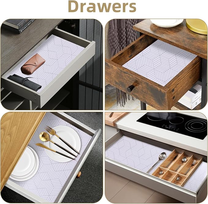 Shelf Liners for Kitchen Cabinets Non Adhesive Shelf Liner Paper Non-Slip Thickened Drawer Liner Easy to Clean for Tool Box Refrigerator with Knife and Tape Measure, Silver Geometric, 23.6 x 236.2 in