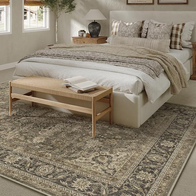 10x12 Brown Area Rug Vintage Living Room Bedroom Washable Carpet Non-Slip Soft Low Pile Distressed Indoor Large Throw Rug for Dining Room Office