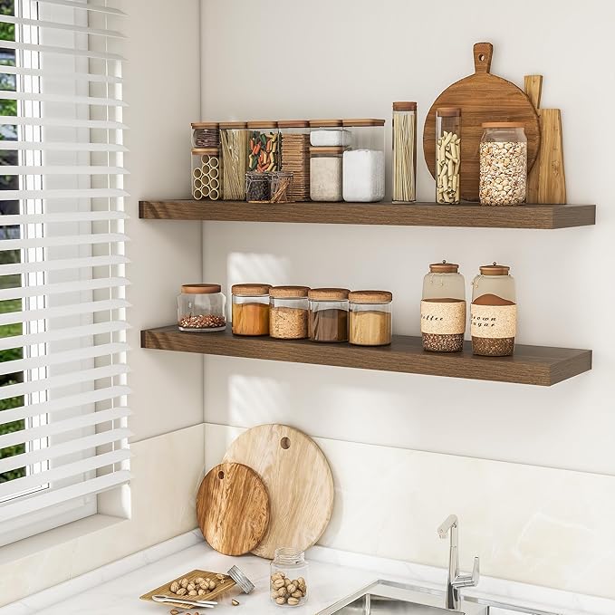 RICHFOCUS 48Inch Floating Shelves for Wall 2 Pack Shelves for Bedroom|Kitchen|Bathroom Wall Mounted Rustic Wood Floating Shelf with Invisible Brackets for Books|Storage|Decor, Walnut