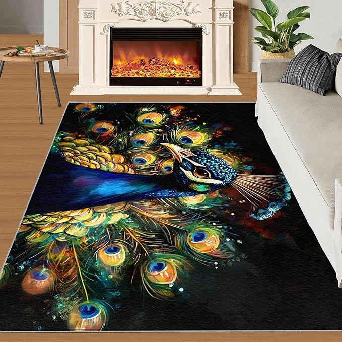 Peacock Rugs for Bedroom - 4x5 Area Rug - 3D Peacock Rugs for Living Room, Abstract Watercolor Animal Rug, Non-Slip Washable Home Decor Carpet