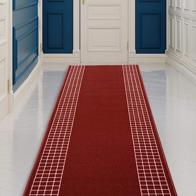 Custom Made Runner Rug for Kitchen Foyer Hallway Entry Choose Your Length 31 Inch Wide Geometric Checkered Design Red Color (29 feet x 31 Inch)