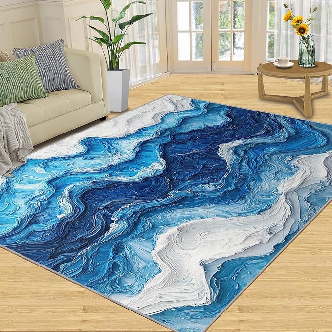 4x5 Ocean Waves Indoor Outdoor Rug - Abstract Waves Bedside Rug, Abstract Art Washable Entry Way Rugs Kids Carpet for Inside House Playroom Living Room End Table Nursery