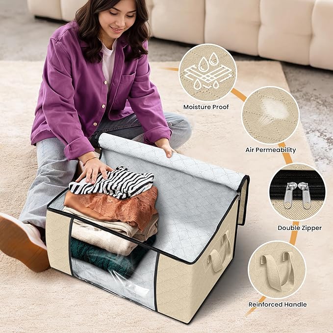 Fab totes 6 Pack Clothes Storage, Foldable Thick Fabric Blanket Storage Bags, Containers for Organizing Bedroom, Closet, Clothing, Comforter, Organization with Handle,Beige