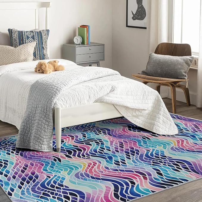 Colorful Wave Rug, 3x4 Rug, Abstract Watercolor Rugs for Living Room Bedroom, Watercolor Small Area Rug, Washable Rug Non Slip Soft Indoor Carpet, Colorful Wave Home & Room Decor