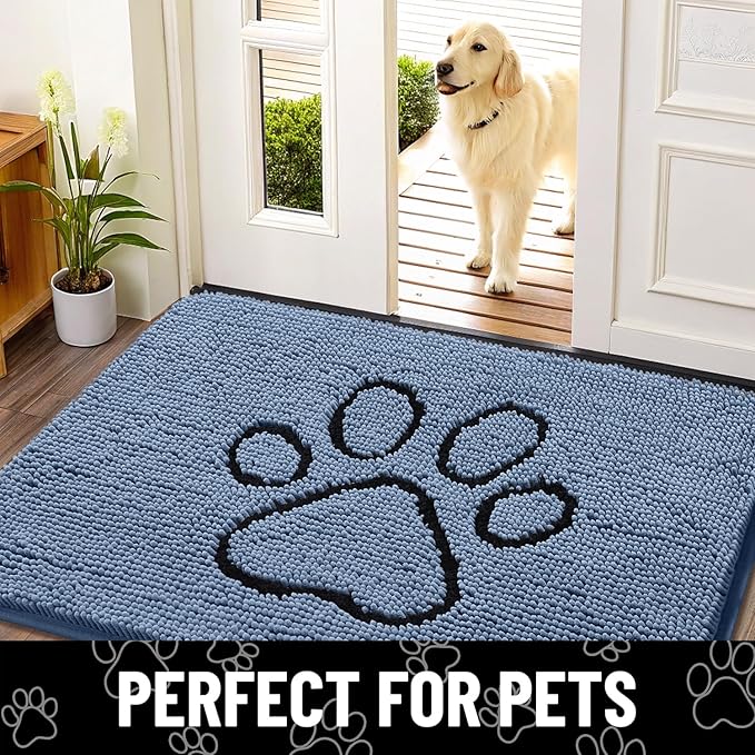 Smiry Dog Door Mat for Muddy Paws, Absorbent Dirt Trapper Non Slip Quick Dry Washable Chenille Mat for Mud Dogs, Entry Rug for Indoor and Outdoor (40x32 Inches, Airy Blue and Black)