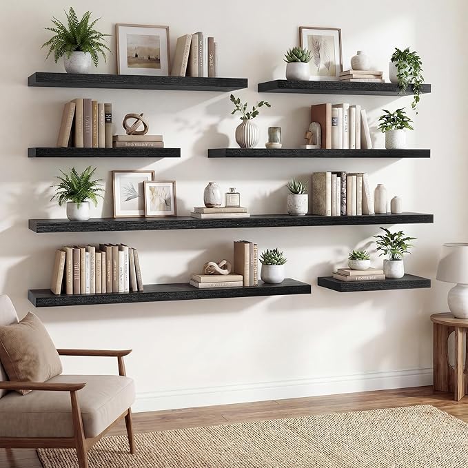 Acovy 24 Inch Floating Shelves for Wall Decor,9.3" Deep Floating Shelf Wall Book Shelves,Large Display Storage Shelf,Wall Mounted Shelves with Invisible Bracket for Living Room,Bedroom,Bathroom,Black