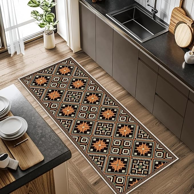 Brown Black Geometric Diamond Pattern Hallway Runner Rug - 2.6x7ft Soft Washable Rug, Corridor & Foyer High-Traffic Area Rugs, Durable Non-Slip Mat, Ethnic Southwestern Style Home Decor