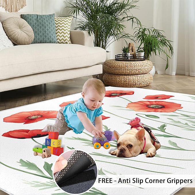Little Red Flower Rugs for Bedroom - 6x8 Area Rug - Abstract 3D Flowers Rugs for Living Room, Modern Simple Art Rug, Non-Slip Washable Home Decor Carpet