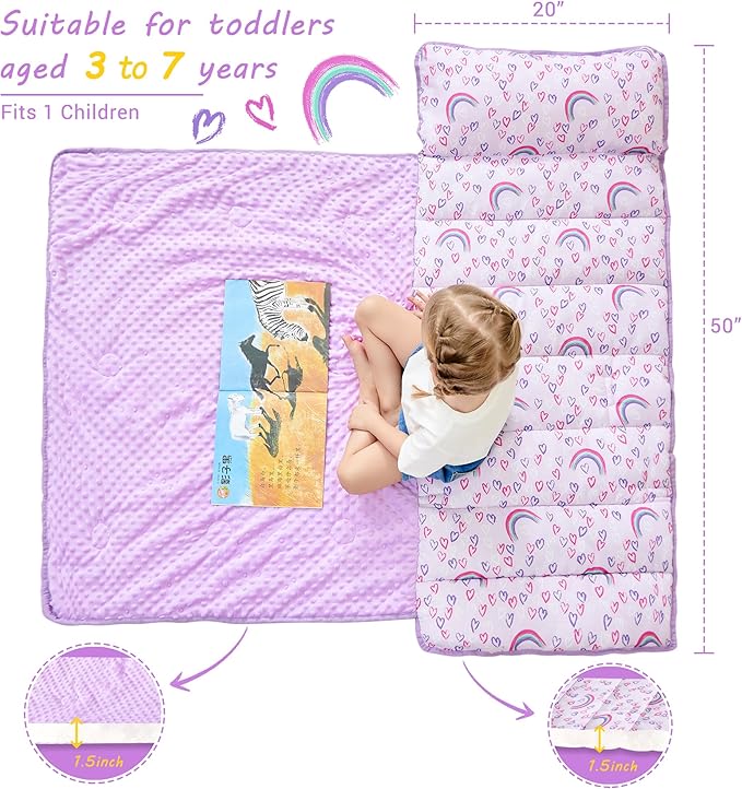 Toddler Nap Mat with Pillow and Blanket, Extra Large Rolled Napping Mats,Slumber Bags for Boys Girls,Kids Sleeping Bag for Daycare, Preschool Travel Camping