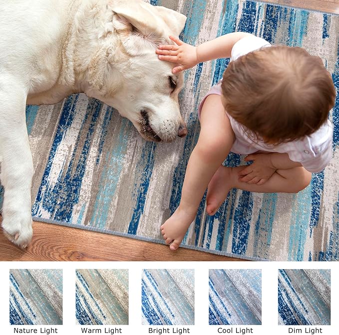 Abstract Runner Rug 2x6, Blue Washable Hallway Runner Rug Non-Slip, Soft Printed Kitchen Runner, Thin Faux Wool Runners for Hallways, Modern Floor Carpet for Entryway Bedroom Hall Indoor