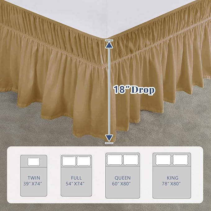 Twin Bed Skirt, Elastic Wrap Around Bed Skirt Twin Size, Bed Skirts for Adjustable Bed, Easy Fit with 18" Drop Length Tailored Drop Dust Ruffle (Beige)