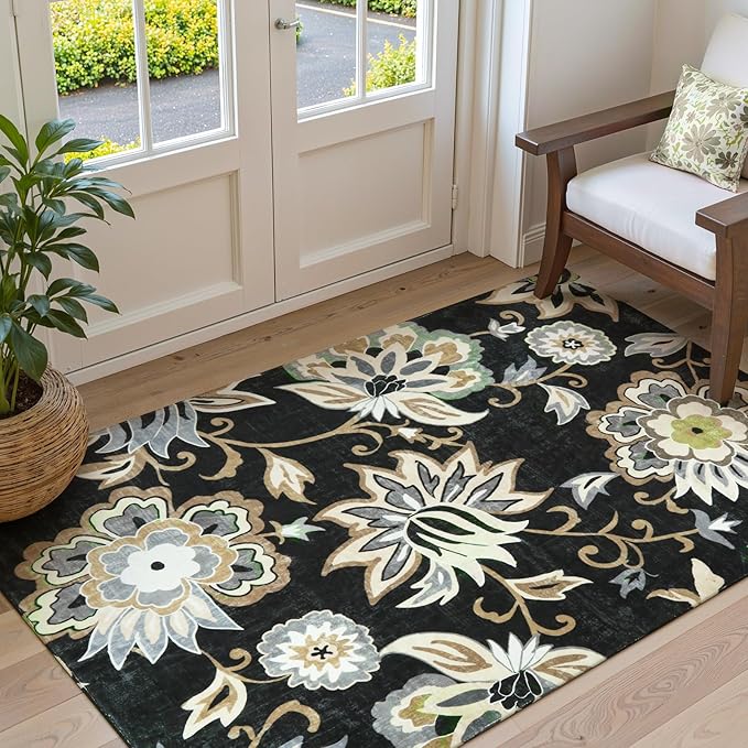 Lahome Floral Washable Living Room Area Rug - 3x5 Non-Slip Low-Pile Rugs for Entryway, Throw Small Stain Resistant Kitchen Rugs Soft Black Paisley Print Carpet for Office Bedroom Laundry Room Office