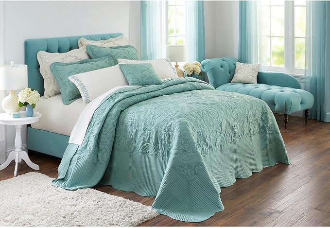 BrylaneHome Bedding Lightweight All Season Modern Amelia Quilted Damask Oversized Ultra Soft Bedspread - Full, Seaglass