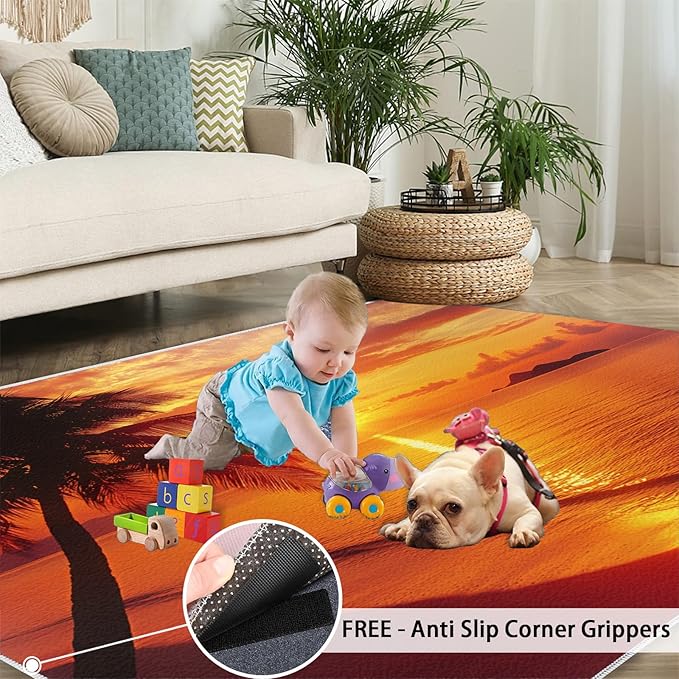 Coastal Rugs for Bedroom - 4x5 Area Rug - Ocean Beach Rugs for Living Room, Sunset Palm Trees Rug, Non-Slip Washable Home Decor Carpet