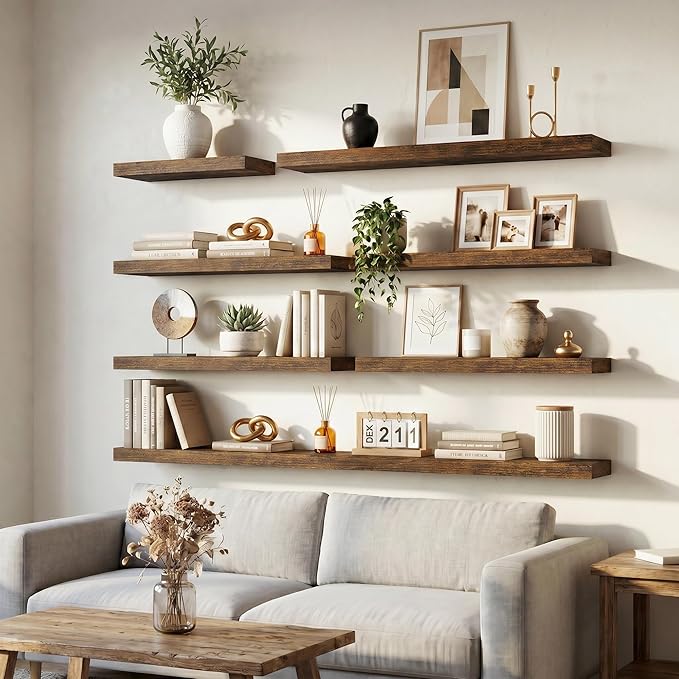 Venusmiles Floating Shelves for Wall, 55 Inch Floating Shelves Set of 2, 6.5" D Wooden Wall Mounted Display Shelves with Invisible Brackets for Living Room, Bedroom, Bathroom, Kitchen Decor, Brown