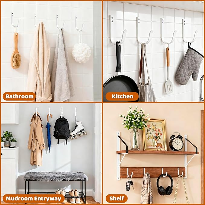 12 Pcs Wall Hooks for Hanging, Large Coat Hooks Wall Mount, Heavy Duty Screw in Metal Hooks for Wall (22LB), Towel Hooks for Bathrooms, Door, Mudroom, Backpack, Clothes, Closet, Purses, White