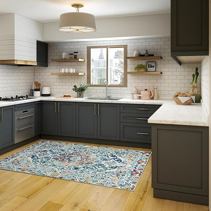 Easy-Going Area Rug 5x7 Washable Boho Rugs for Living Room Non-Slip Bedroom Rug Low Pile Lightweight Medallion Distressed Throw Rug for Dining Room Kitchen Home Office Carpet, Vintage Multi