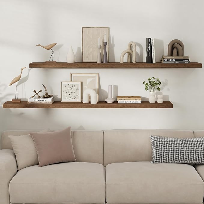 Fun Memories Floating Shelves for Wall, 66 Inch Long Set of 2 Rustic Wood Wall