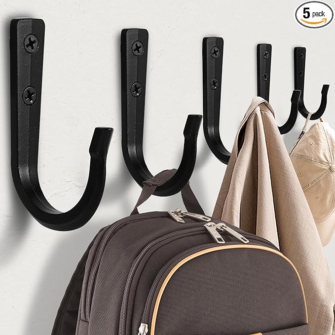 5Pcs Large Size Heavy Duty Wall Hooks, Coat Hooks, Wall Hooks for Hanging Pans, Backpacks, Coats, Garage Items (Black)