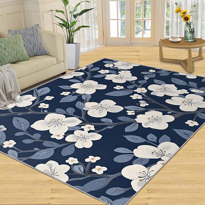 Boho Rugs for Bedroom - 3x5 Area Rug - Blue White Flowers Rugs for Living Room, Vintage Modern Flowers Rug, Washable Home Decor Carpet