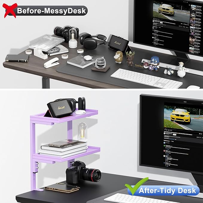 2-Tier Desk Shelf, Expandable Under Desk Storage, Clamp on Desk Shelf, Desktop Accessories for Offices, Study Rooms, and Game Rooms (Purple)
