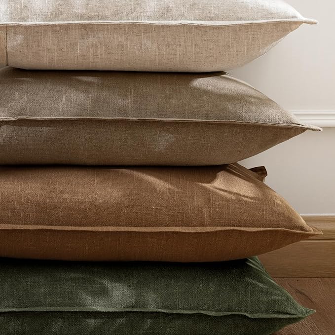 EMEMA Decorative Linen Throw Pillow Covers 18x18 Inch Brown Boho Farmhouse Neutral Couch Throw Pillows for Bed Pack of 2 Accent Pillowcase Modern Sofa Cushion Livingroom Home