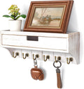 Rebee Vision Pine Wood Key Holder Wall Mount with Drawer Organizer for Farmhouse Decor – Mail Organizer with 6 Sturdy Key Hooks and Storage Drawer – Room Decor for Apartment Essentials (Whitewash)