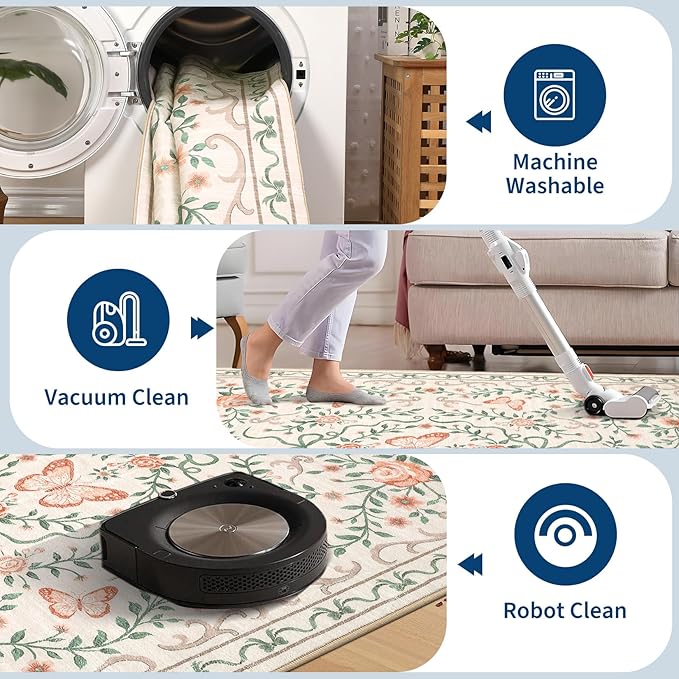 GarveeHome Washable Floral Area Rug 5x7 for Christmas Non Slip Bedroom Rug Soft Stain Resistant Large Dining Room Throw Carpet Low Pile Beige Bow Rugs Butterfly Flower Carpet for Living Room, 5x7