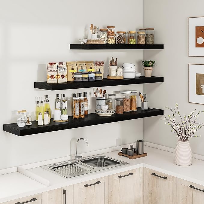 RICHFOCUS 40Inch Floating Shelves for Wall 2 Pack Shelves for Bedroom|Kitchen|Bathroom Wall Mounted Rustic Wood Floating Shelf with Invisible Brackets for Books|Storage|Decor, Black