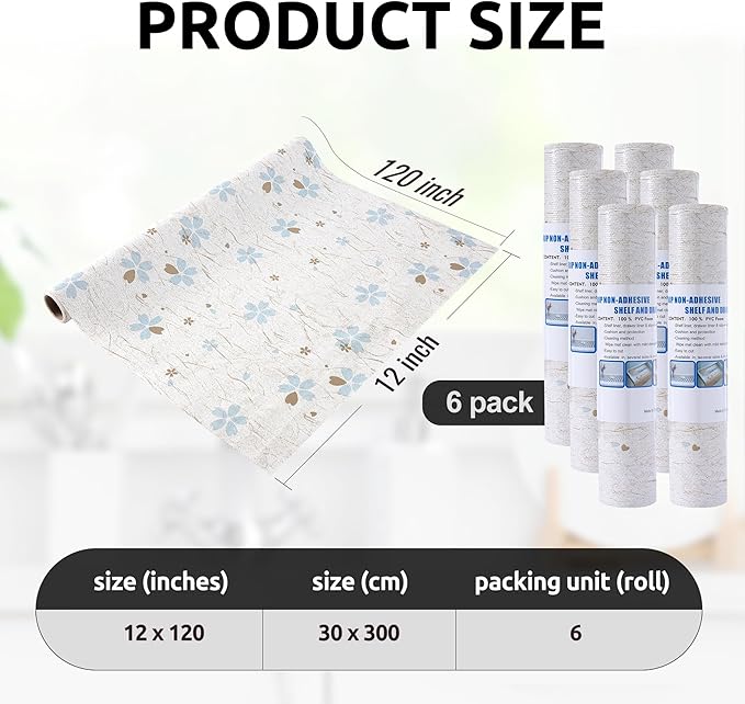RAY STAR 12X120 Inch Shelf Liner for Kitchen Cabinets, Non-Adhesive Cabinet Liner Washable, PVC Drawer Liner for Dresser Non-Slip Bathroom (Floral)(6 Roll)
