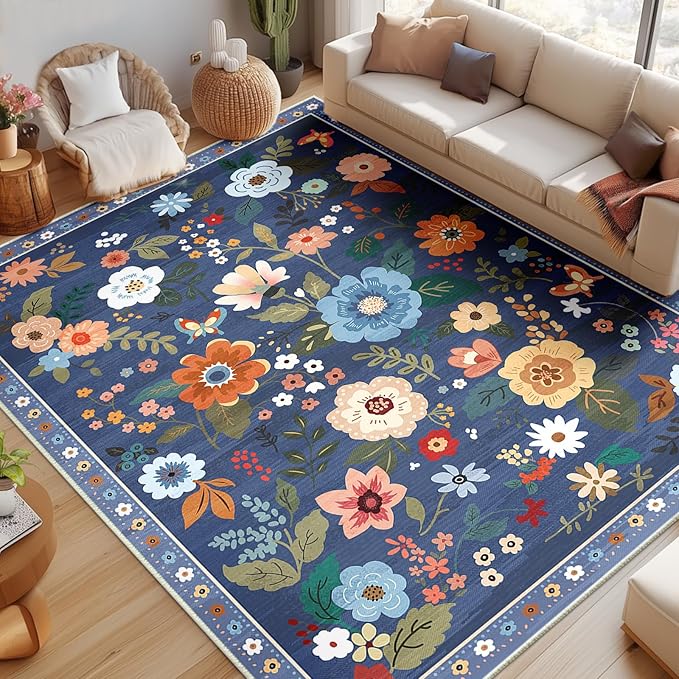 Floral 9x12 Area Rug Machine Washable Soft Print Boho Carpet Non Slip Doormat Low Pile Flower Area Rugs for Living Room Bedroom Nursery Kitchen Dining Room Indoor-Blue/Grey
