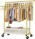 Clothes Rack, Double Rods Clothing Rack, Clothing Racks for Hanging Clothes, Rolling Clothes Rack with Storage Basket & Heavy Duty Wheels, Garment Rack for Bedroom, Laundry Room, Gold