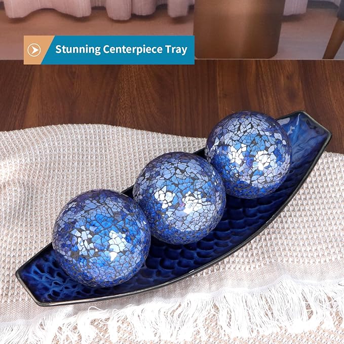 Sanbege 16" Large Ceramic Decorative Tray, Long Boat Shaped Centerpiece Bowl, Multipurpose Serving Platter for Home, Party Decor or Sushi, Fruits, Desserts (Blue)