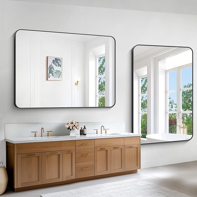 BONEWEI Black Bathroom Mirror,60x40 inch Wall Mirror for Bathroom Wall Mounted,Rectangle Mirror for Bathroom Over Sink,Modern Frame Round Corner for Living Room,Bedroom Entryway,Horizontal/Vertical