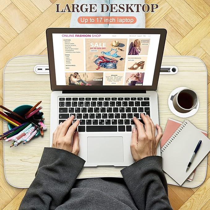 Zapuno Laptop Lap Desk, Foldable Laptop Table Tray with 4 USB Ports Storage Drawer and Cup Holder, Lap Bed Desk Notebook Stand Laptray Portable Standing Table for Bed Couch Floor