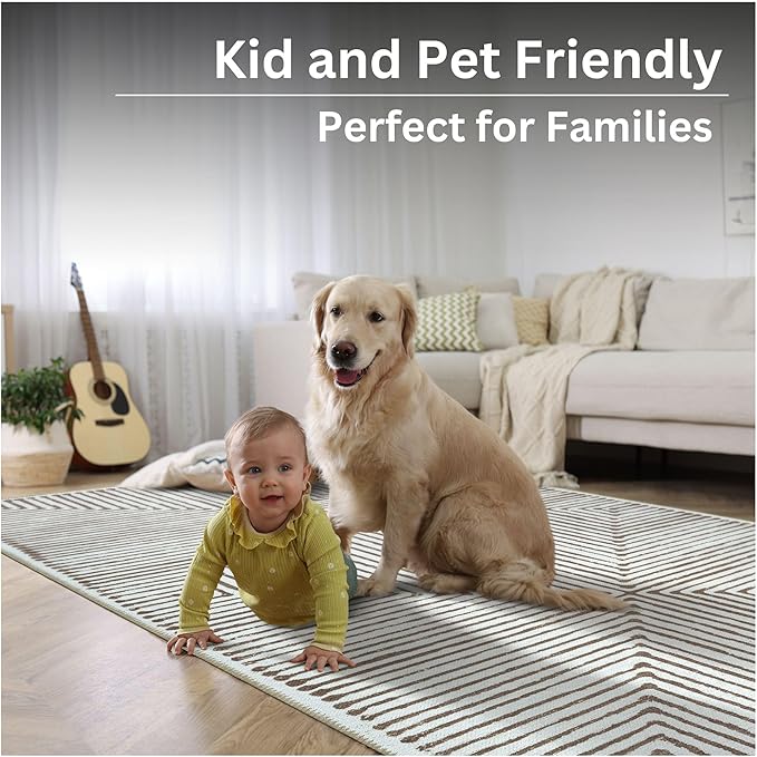 Bloom Rugs Washable Non-Slip 5' x 7' Rug - Brown Striped Area Rug for Living Room, Bedroom, Dining Room, and Kitchen - Exact Size: 5' x 7'
