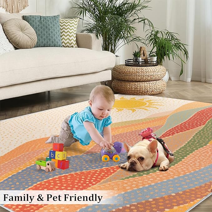 Boho Sun Area Rugs 5x8ft, Mosaic Sunburst Living Room Carpet, Dotted Gradient Hills Decorative Carpet Protect Floor for Bedroom Men Office Hardwood Floors
