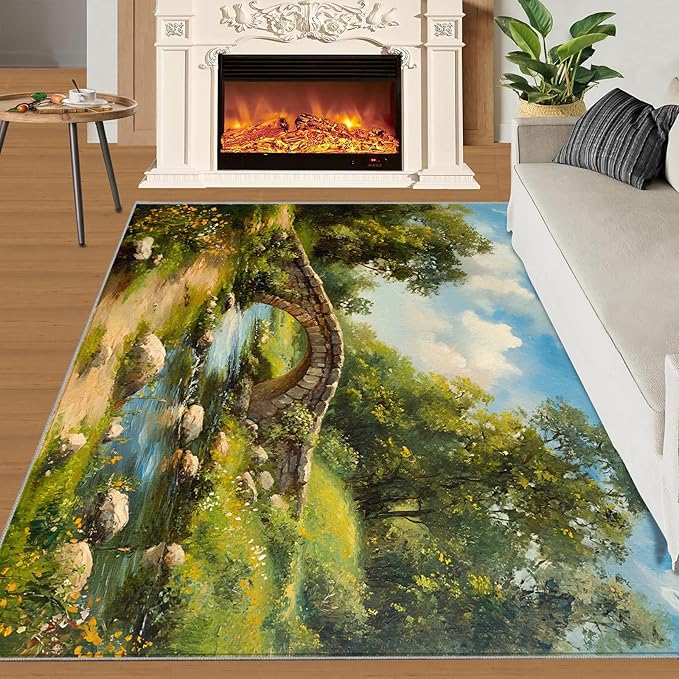 Forest Rugs for Bedroom - 5x6 Area Rug - Stone Bridge Stream Rugs for Living Room, Retro Country Style Rug, Non-Slip Washable Home Decor Carpet