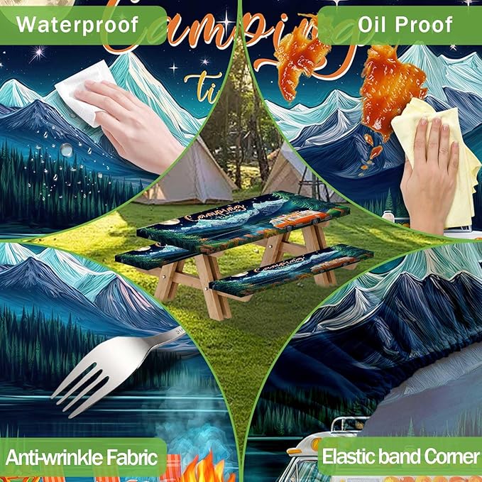 Picnic Table Cover with Bench Covers and Bag, Forest Mountain Lake Fitted Outdoor Table Covers, Camping Essentials, Windproof & Waterproof Tablecloth Cover with Elastic Edge, 3 PCS, 30x96 Inch