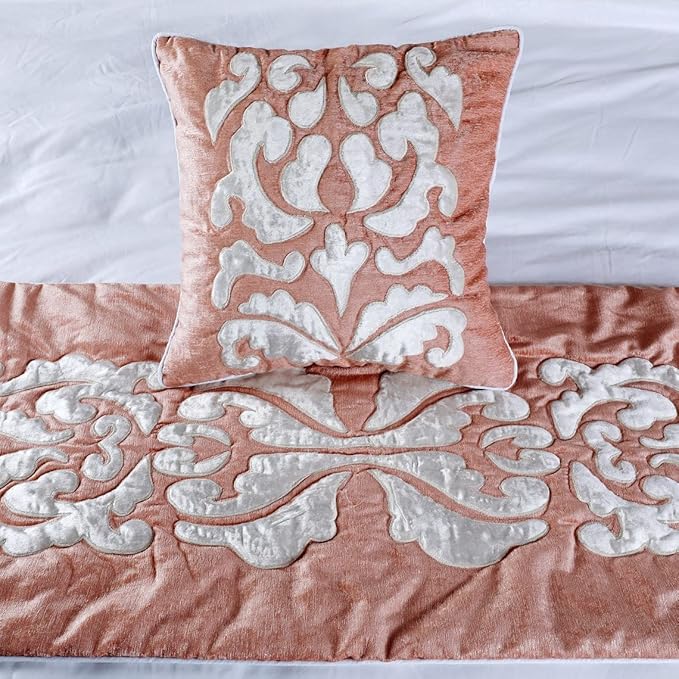 The HomeCentric Designer Peach & Ivory Queen 74 x 18 inch Bed Runner Without Pillow Cover, Velvet Applique Bed Scarf, Abstract Modern - Peach Elegance