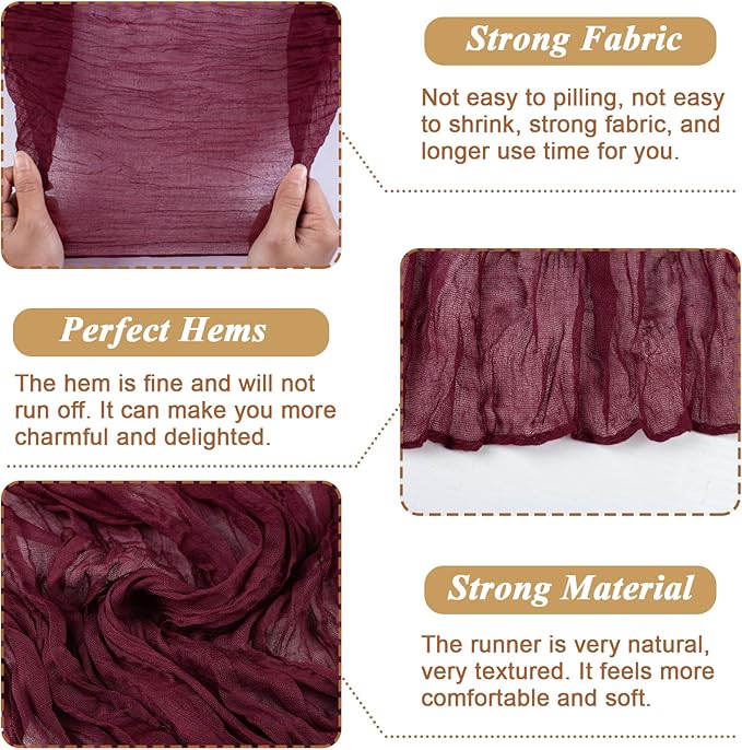 Burgundy Cheesecloth Table Runner 10FT Boho Rustic Sheer Cheese Cloth Table Runners 120 Inch Gauze Table Decorations for Wedding Party Bridal Shower Birthday Home Decor