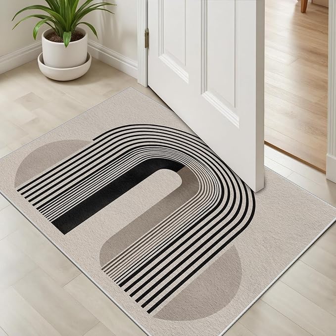 Modern Washable Rug for Living Room 6x9, Boho Abstract Striped Area Rugs, Soft Non Slip Low Pile Farmhouse Carpet for Bedroom Dining Room Kitchen, Stain Resistant, Pet Friendly, Beige Black