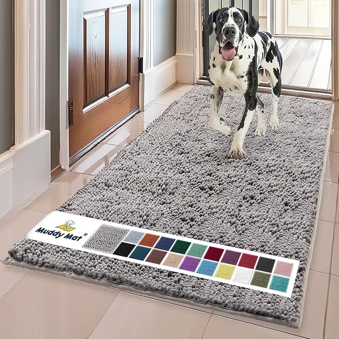Muddy Mat® Shown on TV – Super Absorbent Microfiber Dog Door Mat for Muddy Paws, Non-Slip Washable Pet Rug, Quick Dry Chenille Entryway Carpet, Machine Washable Indoor Outdoor mat, Grey 59"x35"