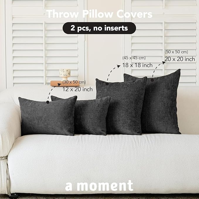 a moment Pack of 2 Decorative Chenille Throw Pillow Covers with Twill Cushion Covers for Sofa Living Room Couch Bed 22x22 Inch Black