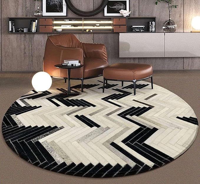 Round Cowhide Faux Leather Area Rug 8×8 ft – Black & White Modern Chevron Pattern Low Pile Carpet with Non-Slip Wool Backing, Soft Durable Living Room & Bedroom Accent Rug