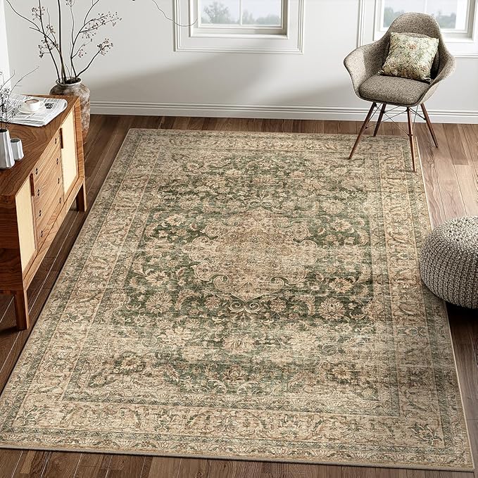 3x5 Washable Vintage Area Rug Green Brown Entryway Office Carpet Non-Slip Soft Low Pile Distressed Throw Rug for Entrance Living Room Bathroom Dining Room