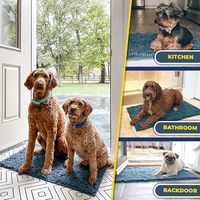 Muddy Mat® Shown on TV–Super Absorbent Microfiber Dog Door Mat for Muddy Paws, Non-Slip Washable Pet Rug, Quick Dry Chenille Entryway Carpet, Machine Washable Indoor Outdoor mat–Atlantic Blue 28"x18"