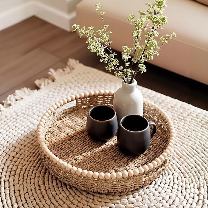Round Wicker Tray 16'' Large Seagrass Tray Decor with Wooden Beads and Handles, Woven Dining Room Decor for Kitchen Counter, Living Room, Bedroom (Seagrass)