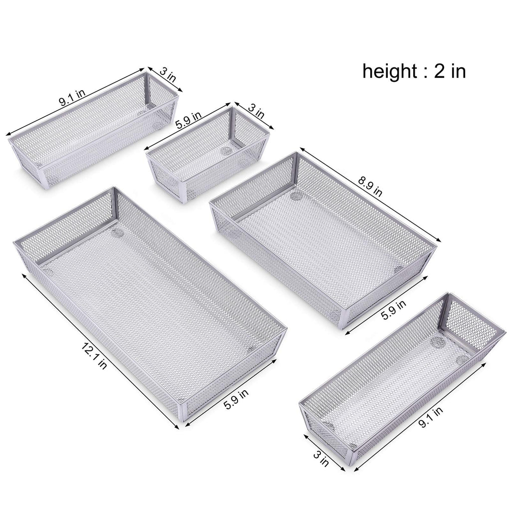 WuGeShop Mesh Silverware Tray Drawer Organizer, Kitchen Utensils Flatware with Anti-slip Mats, Silverware Storage Cutlery Tray for Knives Fork Spoon (5 Separate Compartments, Silver)