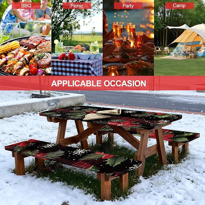 Picnic Table Cover with Bench Covers Set of 3, Elastic Fitted Tablecloth for 6 Foot Tables, Washable Polyester Tablecloths for Camping, Indoor & Outdoor